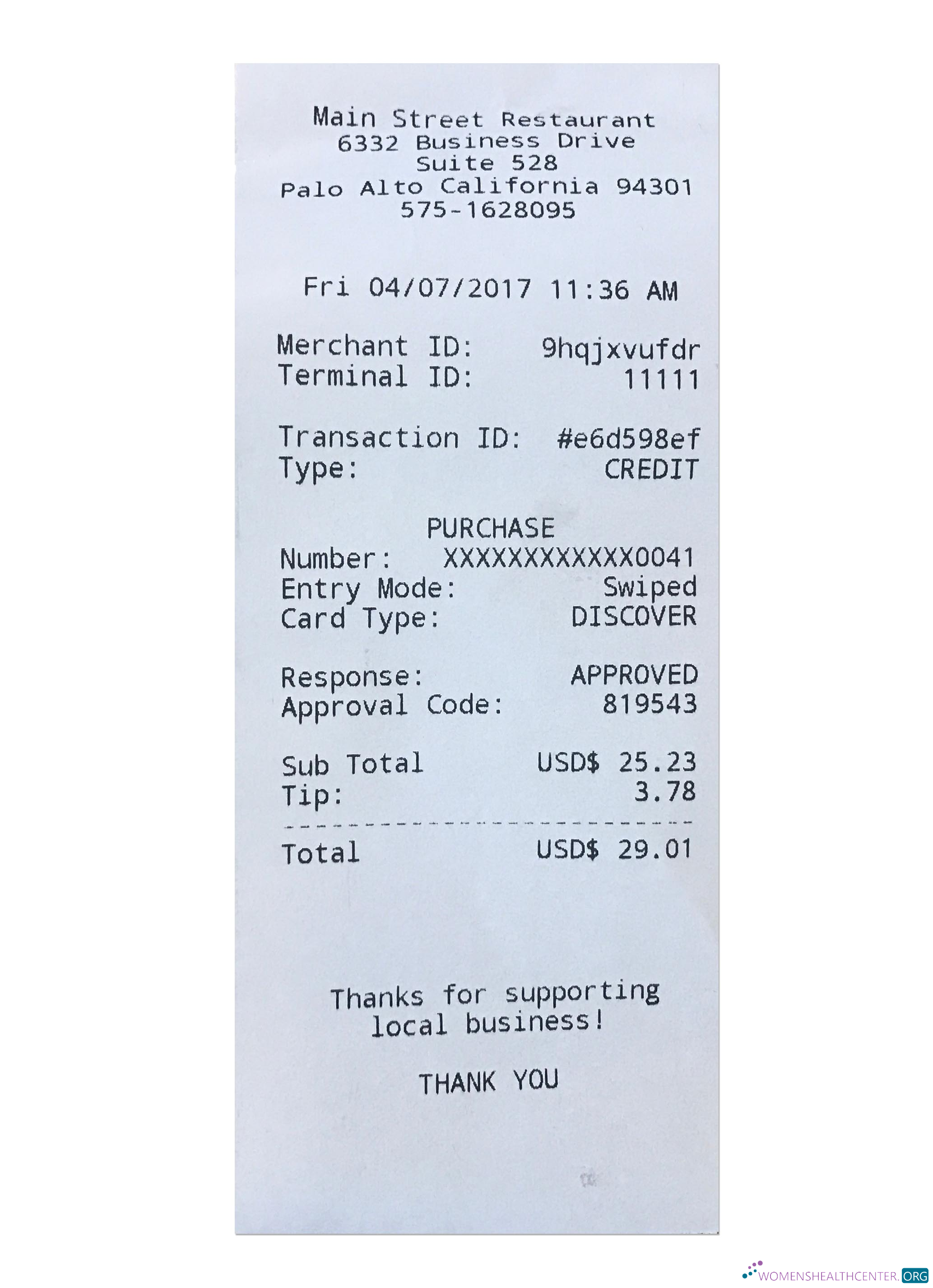 Download MAIN STREET RESTAURANT payment check Photoshop template